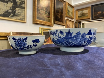 Five Chinese blue and white bowls with floral and figurative designs, Kangxi/Qianlong