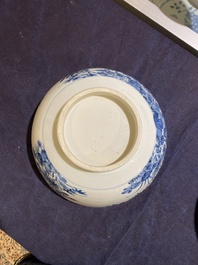 Five Chinese blue and white bowls with floral and figurative designs, Kangxi/Qianlong