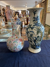 A Chinese bottle-shaped famille rose 'millefleurs' vase and a crackle glazed Nanking vase with birds among blossoming branches, 19th/20th C.
