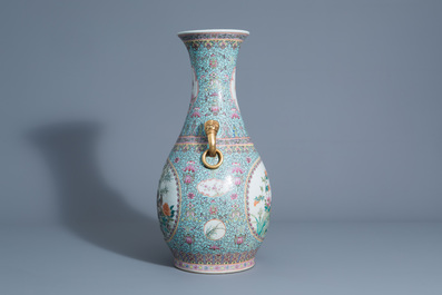 A Chinese famille rose vase with birds among blossoming branches, Qianlong mark, 20th C.