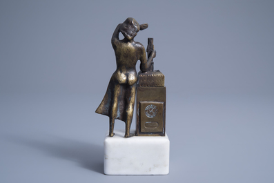 Jef Claerhout (1937): 'Laat de Halletoren zien', patinated bronze on a white marble base, ed. 25/100, dated 1994