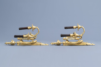 A pair of French Louis XVI three-branch ormolu wall lights in the manner of Jean-Charles Delafosse (1734-1789), 18th C.