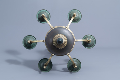A French Petitot Art Deco gilt and patinated six-light chandelier, first half of the 20th C.