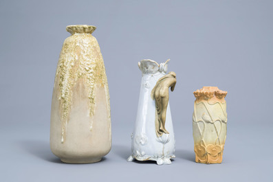 Five various polychrome decorated Art Nouveau vases and a Lun&eacute;ville plate, various origins, 20th C.