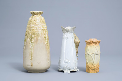 Five various polychrome decorated Art Nouveau vases and a Lun&eacute;ville plate, various origins, 20th C.