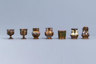 A varied collection of English lustreware items with polychrome floral design, 19th C.
