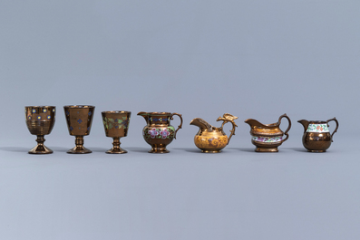 A varied collection of English lustreware items with polychrome floral design, 19th C.