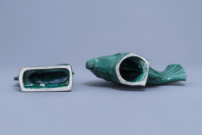Lejan: A figure of a fish and a boat in green and crackle glazed earthenware, France, Art Deco period, 20th C.