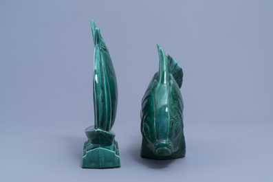 Lejan: A figure of a fish and a boat in green and crackle glazed earthenware, France, Art Deco period, 20th C.