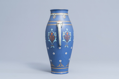 A Mettlach blue ground elephant mask vase with floral design, Villeroy &amp; Boch, first half of the 20th C.