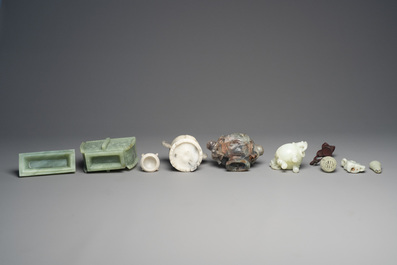 A varied collection of Chinese incense burners and small jade sculptures, 20th C.