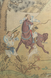 A Chinese 'falcon hunt' painting on paper, 19th/20th C.