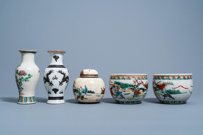 A varied collection of Chinese Nanking crackle glazed famille verte porcelain and a 'dragons' vase, 20th C.