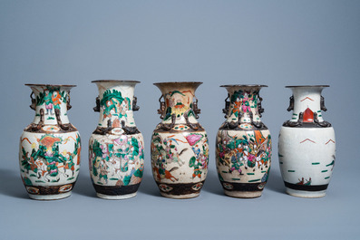 Five Chinese Nanking crackle glazed famille rose and verte vases with warrior scenes, 19th/20th C.