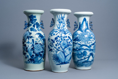 Three Chinese blue and white celadon ground vases with birds among blossoming branches and an animated landscape, 19th C.