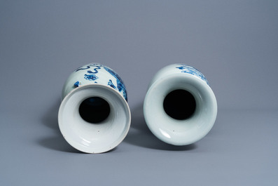 Two Chinese blue and white celadon ground vases with Buddhist lions, a deer and a crane, 19th C.