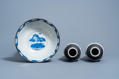 Two Chinese Nanking crackle glazed blue and white 'warrior' vases and a 'landscape' bowl, 19th/20th C.