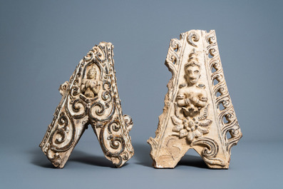 Two large Thai Sawankhalok stoneware architectural finial fragments from a temple with a Thepanom, Sukhothai kilns, 14th/16th C.