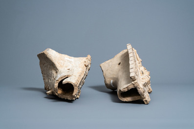 Two large Thai Sawankhalok stoneware architectural finial fragments from a temple with a Thepanom, Sukhothai kilns, 14th/16th C.