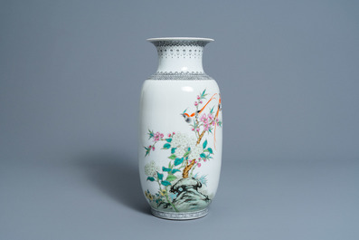 A Chinese famille rose vase with birds among blossoming branches, Republic, 20th C.