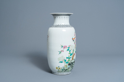 A Chinese famille rose vase with birds among blossoming branches, Republic, 20th C.