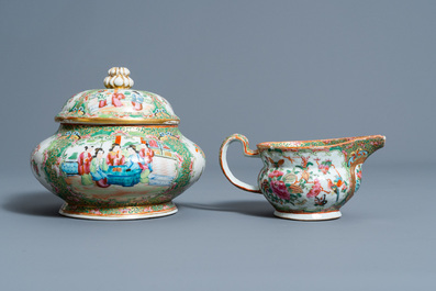 Six Chinese Canton famille rose vases, a jar and cover and a cream jug, 19th C.