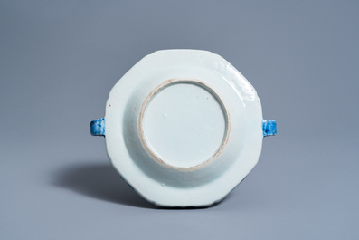 A Chinese blue and white warming plate with a river landscape, Jiaqing