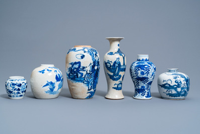 Six various Chinese blue and white vases and jars with figures in a landscape and floral design, 19th/20th C.