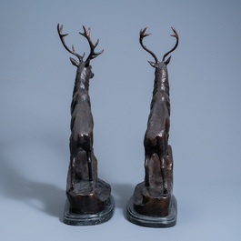 Jules Moigniez (1835-1894): A pair of deer, patinated bronze on a black marble base