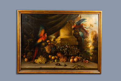 Spanish school (1868-1936): A flower still life with parrots, oil on canvas, 19th/20th C.