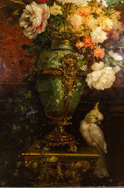 Ricardo Marti Aguilo (1868-1936): A flower still life with a parrot, oil on canvas, dated 1891