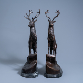 Jules Moigniez (1835-1894): A pair of deer, patinated bronze on a black marble base