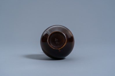 A Japanese bronze double gourd vase with flamed brown patina, Yoshida Kazumas, Showa, 20th C.