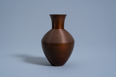 A Japanese brown patinated bronze ribbed shoulder vase, Living National Treasure Toyochika Takamura (1890-1972), Showa, 20th C.
