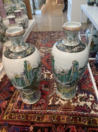 A pair of Chinese famille verte meiping vases with an animated landscape all around, 20th C.