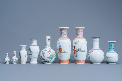 A varied collection of Chinese famille rose and qianjiang cai vases, 20th C.