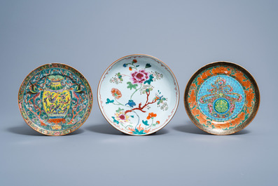 Three various Chinese famille rose plates, 18th/19th C.