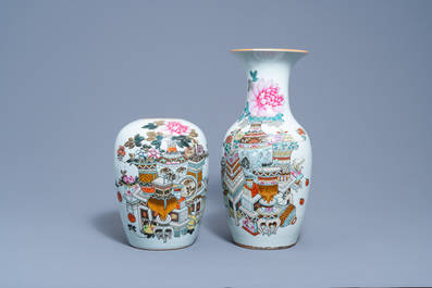 A Chinese qianjiang cai jar and cover and a vase with antiquities design, 19th/20th C.