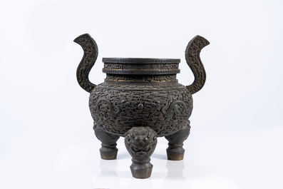 An impressive Chinese bronze 'dragons chasing the pearl' incense burner, Qianlong mark and of the period