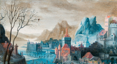 Flemish school: Winter landscape with skaters on the ice and a city in the background, oil on panel, 16th C.