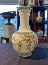 A Chinese bottle shaped famille rose vase with a visit to the family, Qianlong mark, Republic, 20th C.