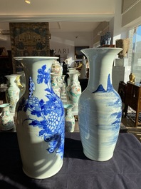 Two Chinese blue and white vases with a phoenix among blossoming branches and an animated landscape, 19th C.