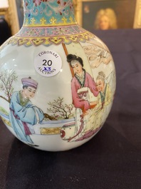 A pair of Chinese bottle shaped famille rose vases with an animated landscape and a vase with figurative design, 20th C.