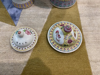 Two Chinese famille rose vases and covers and a plate with figures in a garden, Republic, 20th C.