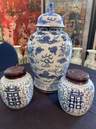 Two Chinese blue and white 'Xi' jars and covers and a 'dragons chasing the pearl' vase and cover, 19th/20th C