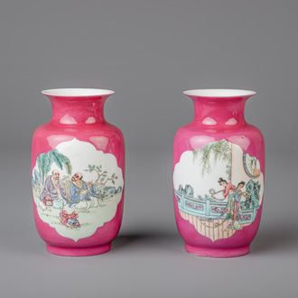 Two Chinese famille rose ruby ground vases, Yongzheng mark, 20th C.