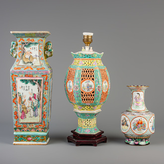 A Chinese famille rose open worked lantern, an 'Immortals' vase and a vase with sages, 19th and 20th C.