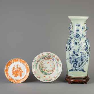 A Chinese blue and white on celadon ground vase, a famille rose bowl and an iron red decorated plate, 19th C.
