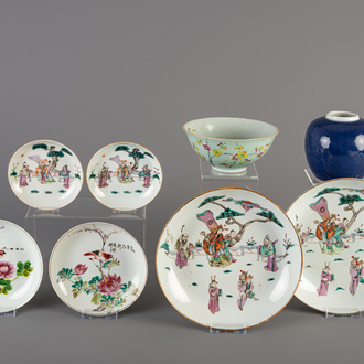 Six Chinese famille rose plates and saucers, a famille rose bowl and a blue monochrome vase, 19th/20th C.