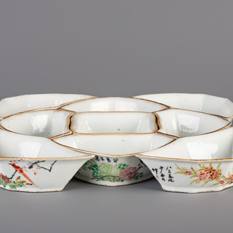 A Chinese famille rose sweetmeat or rice table set with birds among flowers, 19th C.
